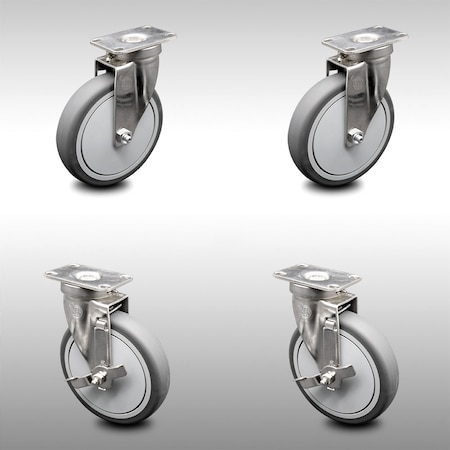 Service Caster 6 Inch SS Thermoplastic Rubber Wheel Swivel Top Plate Caster Set with 2 Brakes SCC-SS20S614-TPRB-2-TLB-2